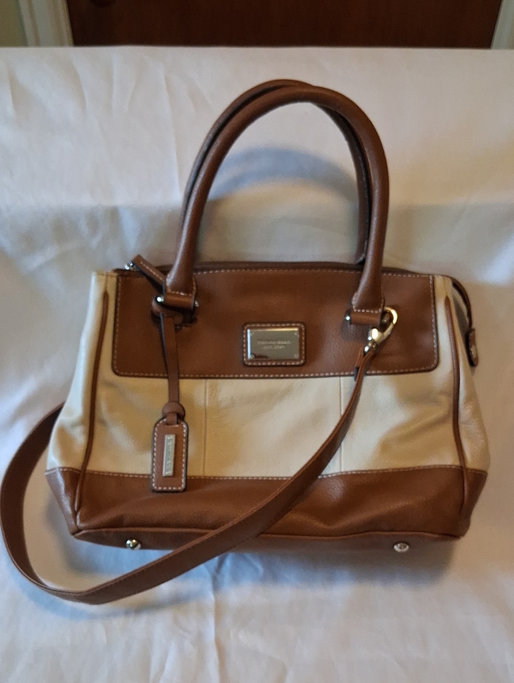 Tignanello Colorblock Leather Satchel Handbag - Brown & Cream Silver Hardware